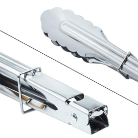 HINMAY tongs with clamshell grip for secure release during cooking.