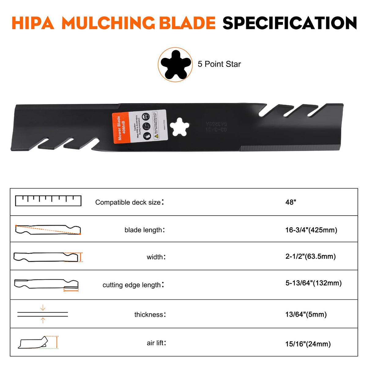 Hipa 3-pack mulching blades shown with quick install steps
