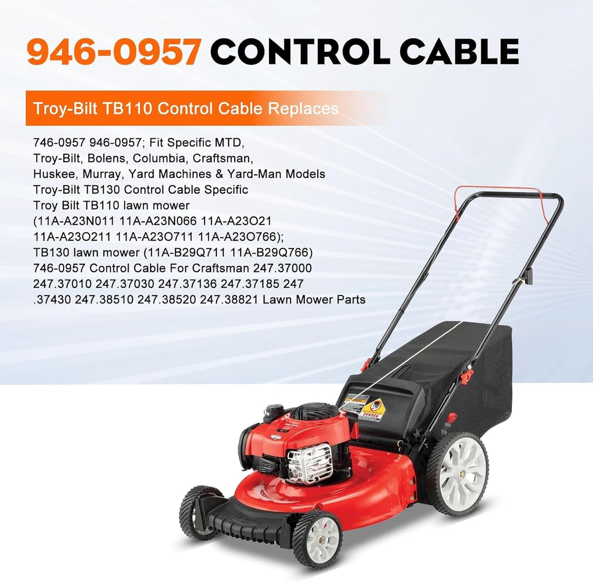 Hipa 50-inch cable length image emphasizes full travel for lawn mower control