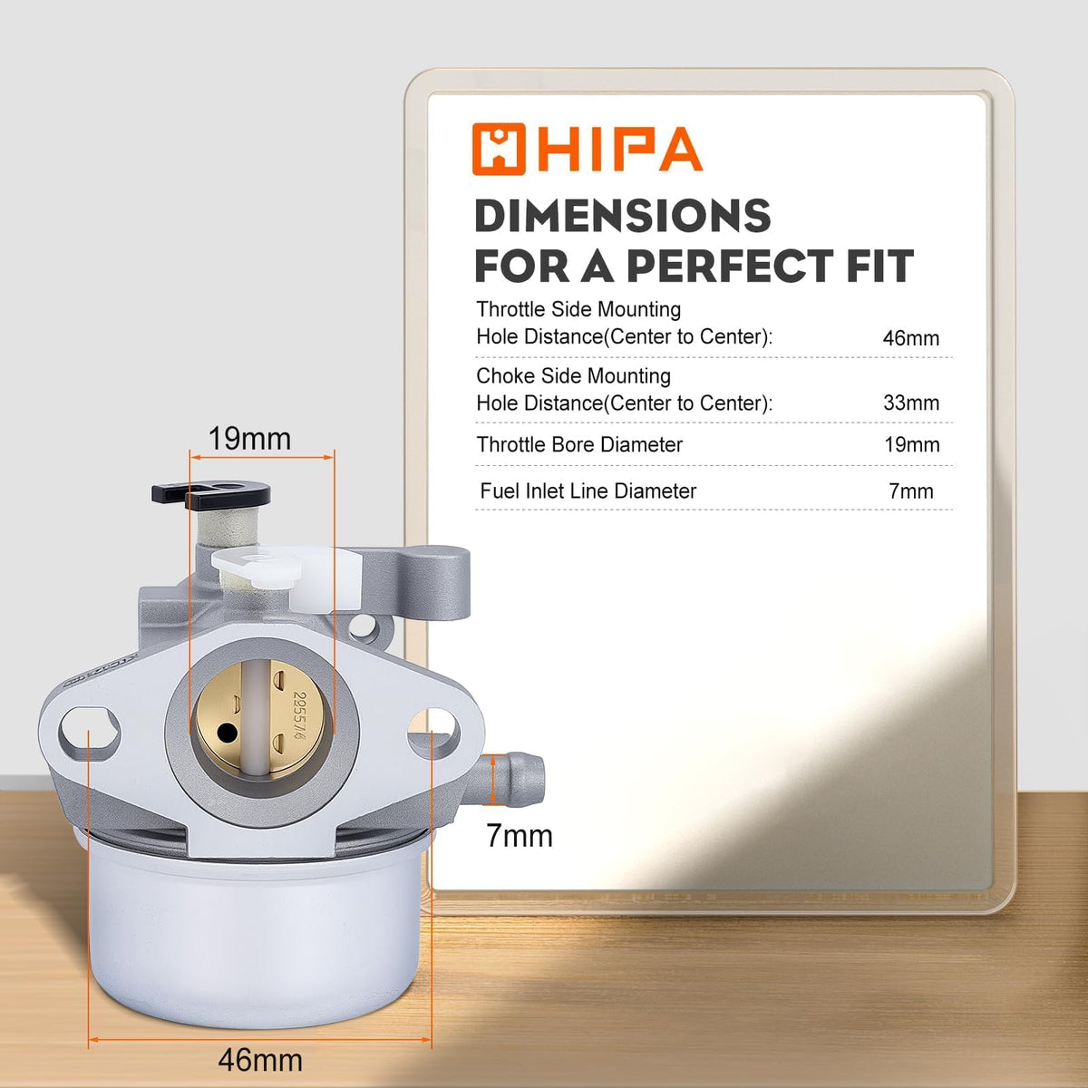 Hipa carburetor dimensions chart — mounting hole distance and bore details.