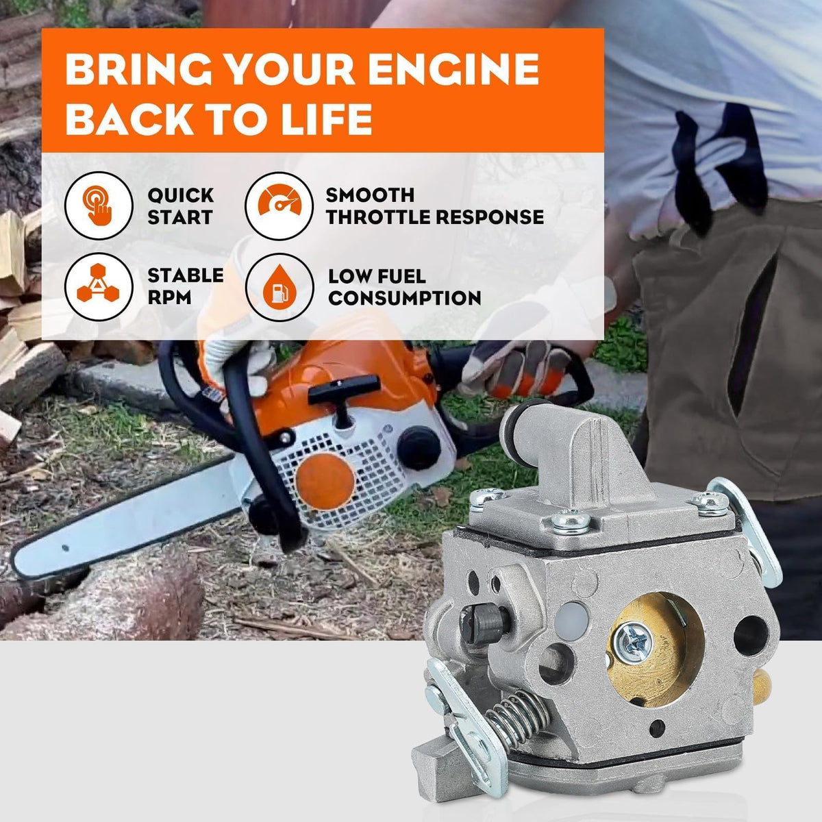 Hipa carburetor kit with tube and spark plug for quick replacement.