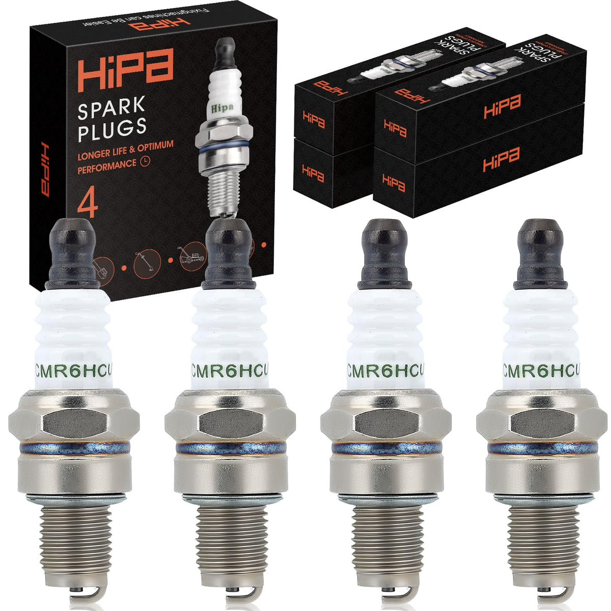 Hipa CMR6HCU spark plug close-up showing copper core for better heat transfer.