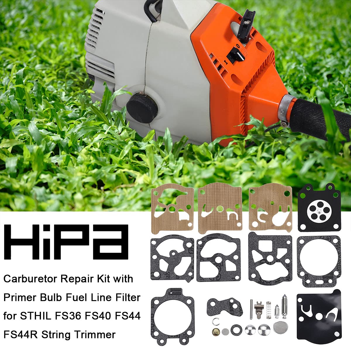 Hipa FS40 carburetor kit fuel line and grommets ready for easy replacement.