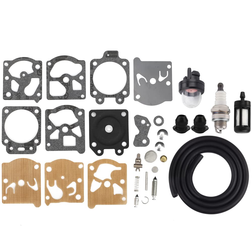 Hipa FS44 carburetor rebuild kit includes spark plug and filter for clean starts.