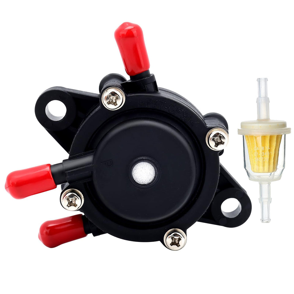 Hipa fuel pump for John Deere LA110 installed on mower with secure hose connection.