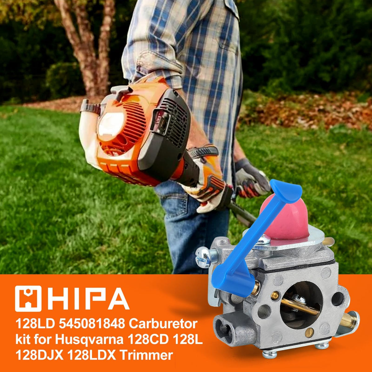 Hipa Husqvarna 128LD replacement carburetor installation close-up showing mounting compatibility