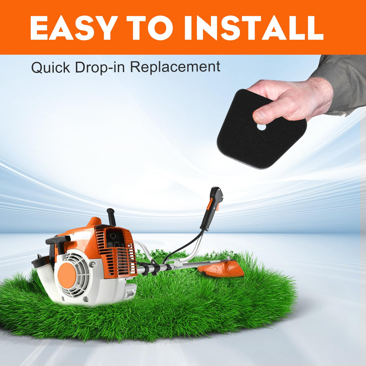 Person replacing filter in STIHL FS90R trimmer with Hipa product.