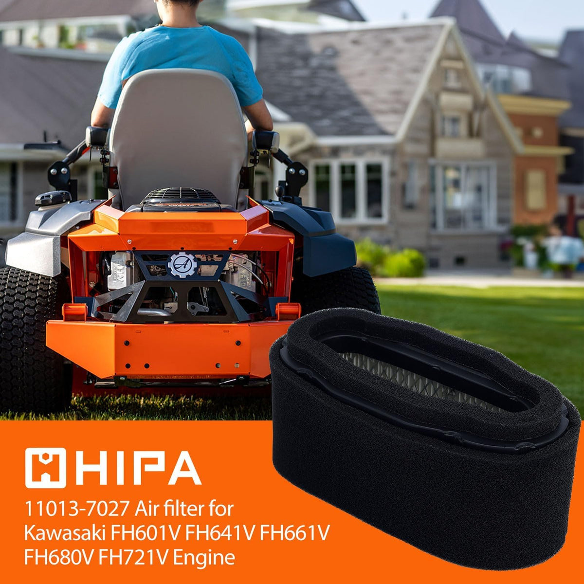 Hipa 11013-7027 air filter side view, replacement for Kawasaki 4-stroke engines.