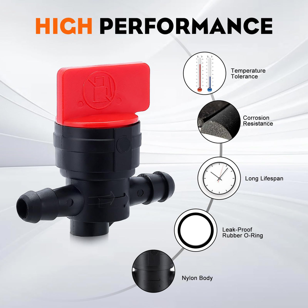 Lawn mower fuel valve from HIPA designed for versatile fitment.