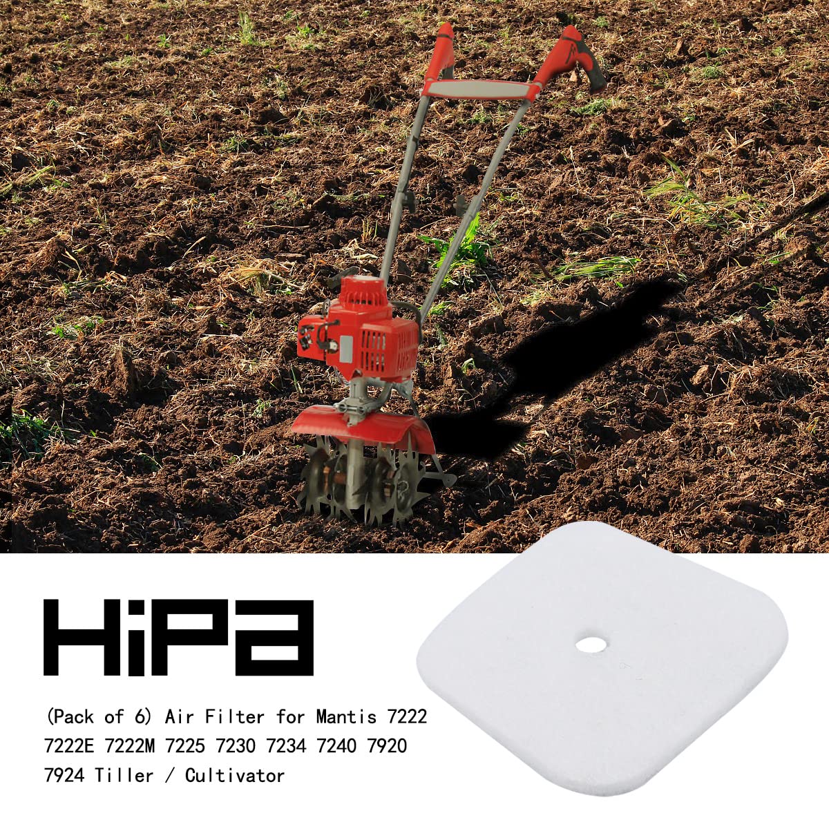 HIPA Mantis Tiller air filter packaging label shows model compatibility