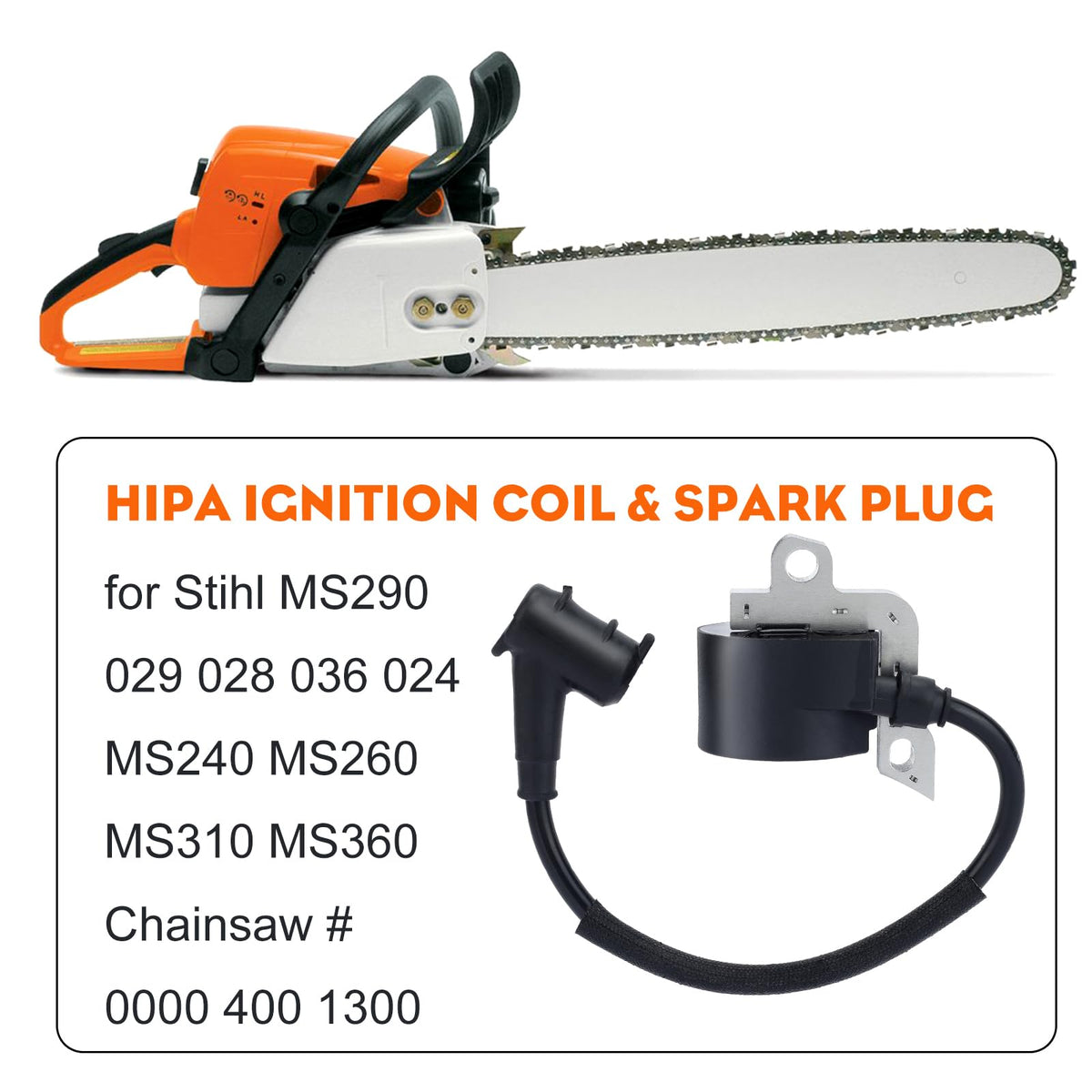 Hipa MS290 ignition coil packaging displays included kit for quick replacement.