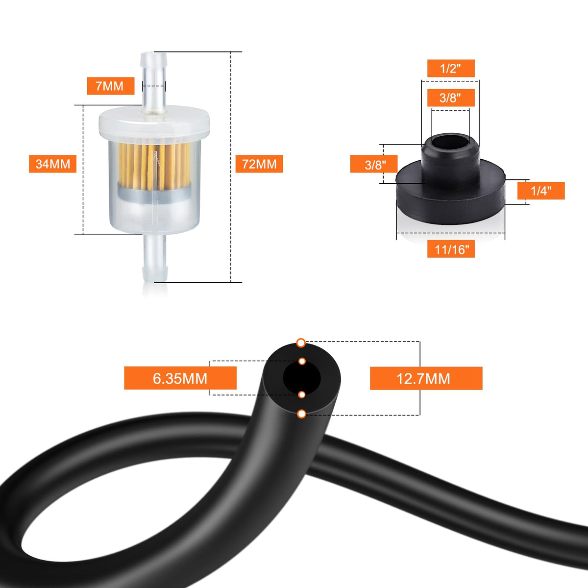 Hipa package contents show valve, bushing, fuel line, and filter for quick setup