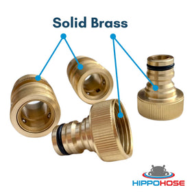 HippoHose brass construction close-up, built for rugged garden use.