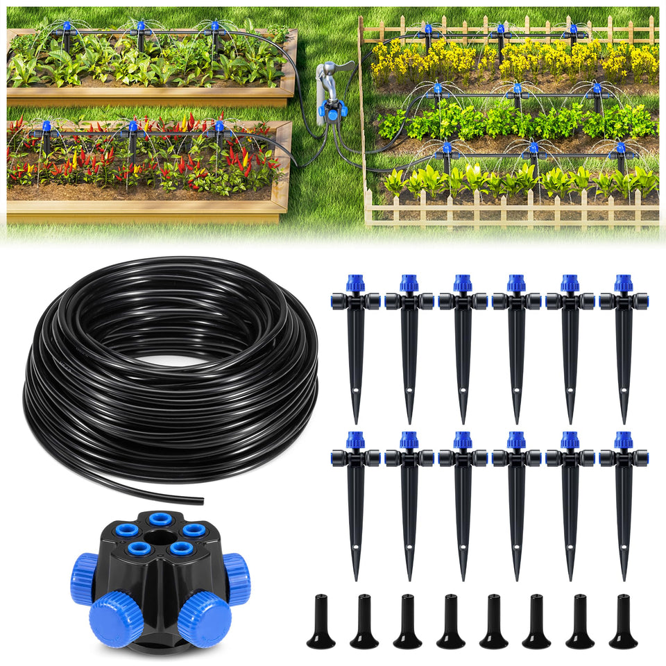 HIRALIY 50ft drip tubing setup for efficient irrigation in raised beds and patios.