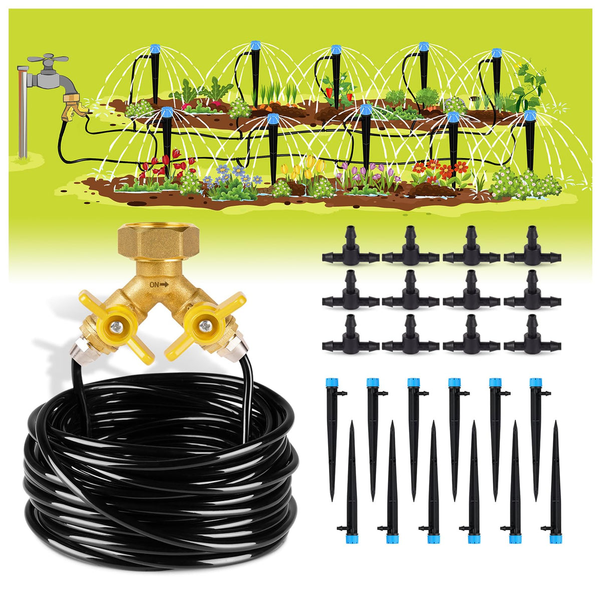 HIRALIY drip irrigation kit with 50ft tubing for precise garden watering.