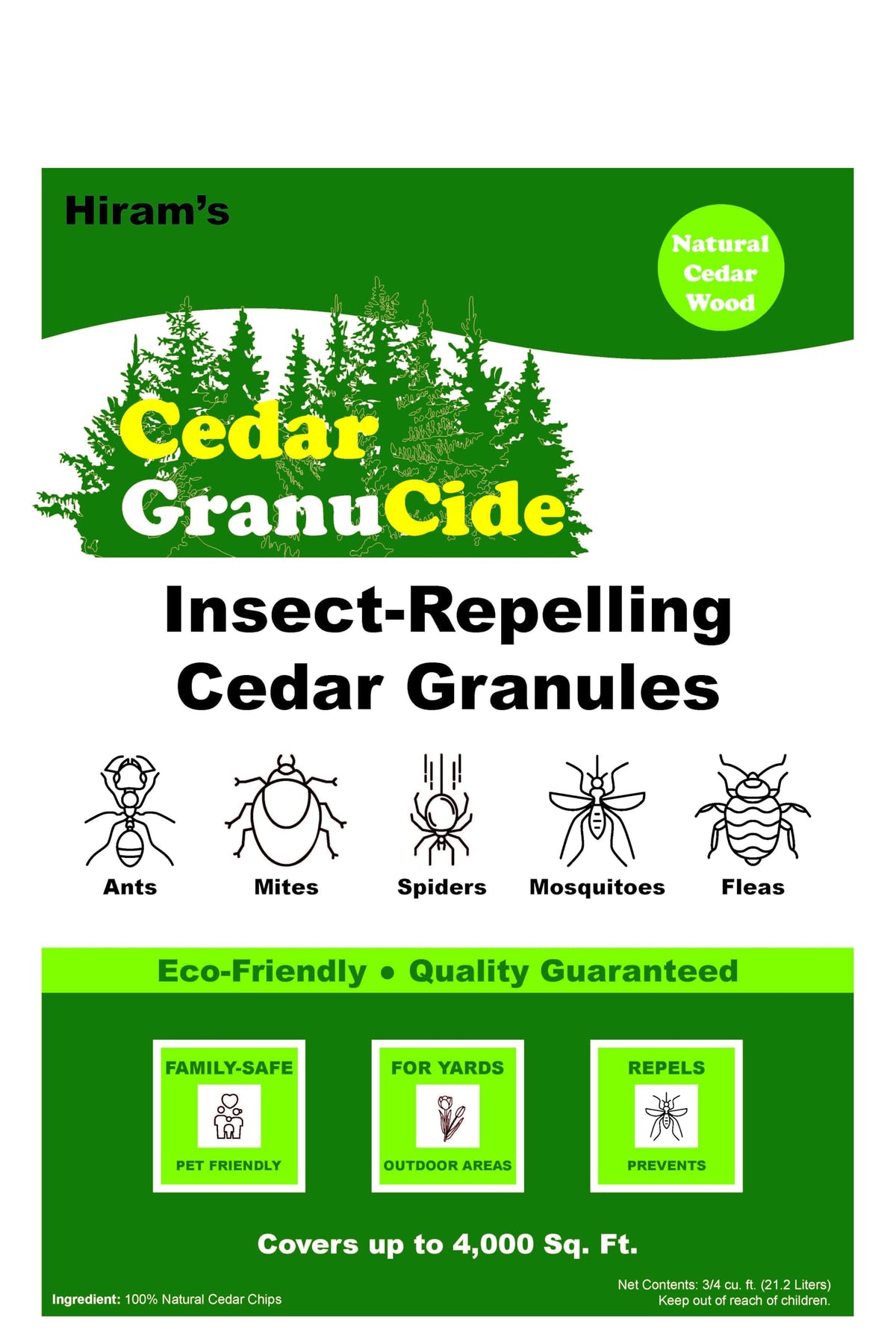 HIRAM'S GranuCide cedar granules garden-use for outdoor pest control.