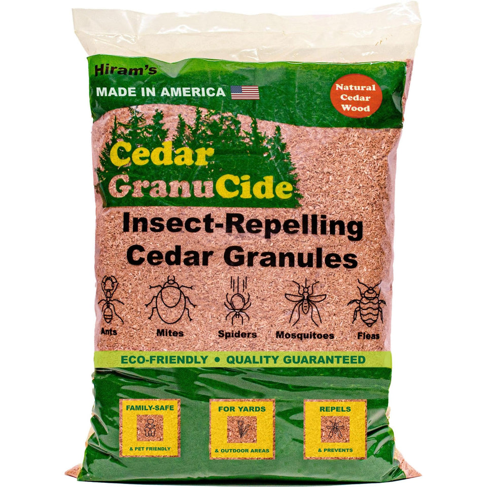 HIRAM'S GranuCide cedar granules pack for natural pest deterrence and easy use.