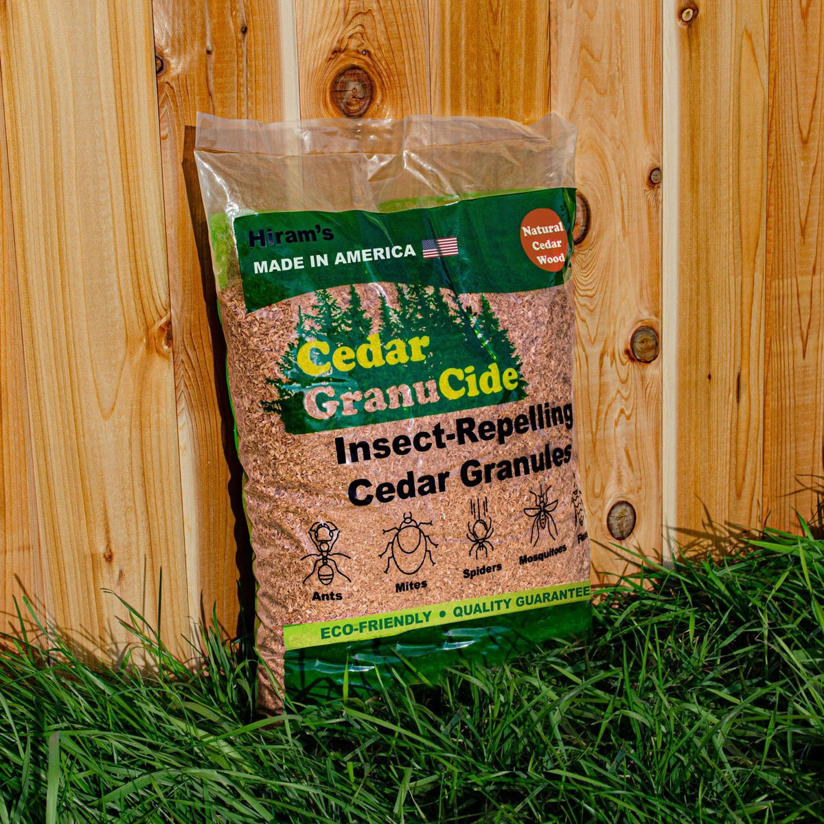 HIRAM'S GranuCide cedar granules pest-deterrent for garden protection against insects.