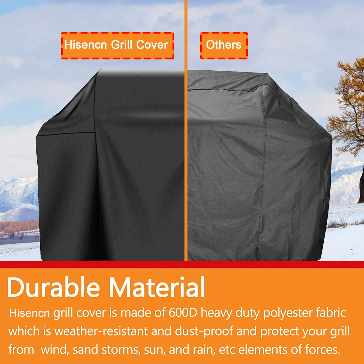 Hisencn adjustable straps on the grill cover keep it secure in wind.