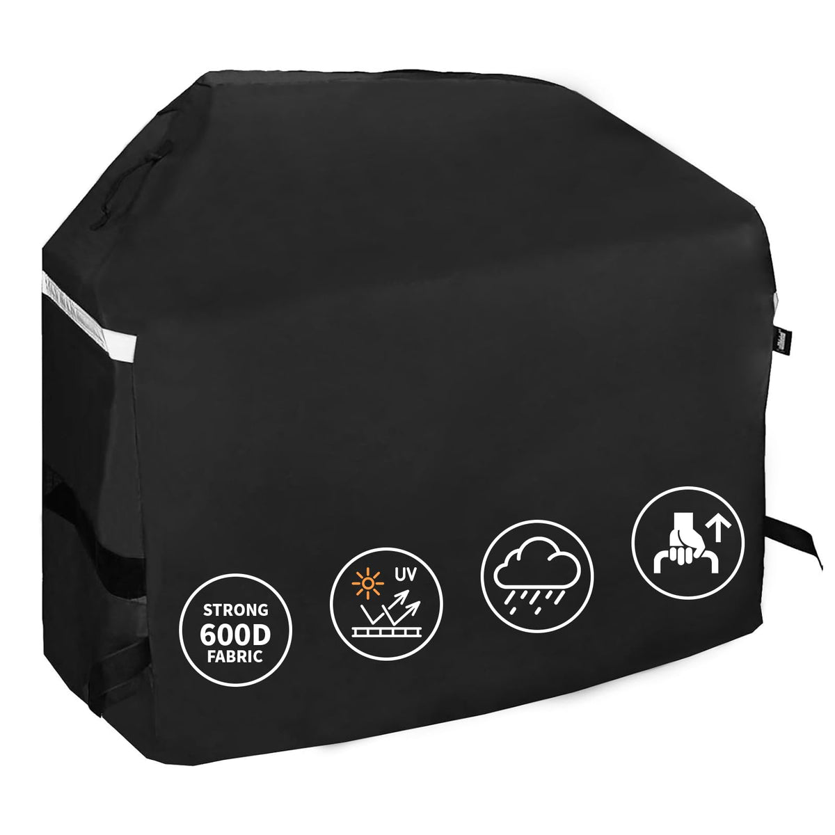 Hisencn 57 inch grill cover for Dyna Glo, front view, protects against sun and rain.