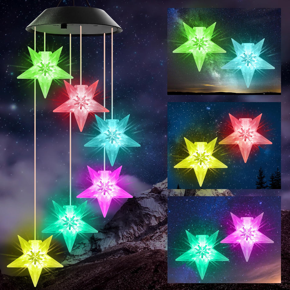 HiSolar Blue Star Solar Wind Chime emits a tranquil glow in gardens.
