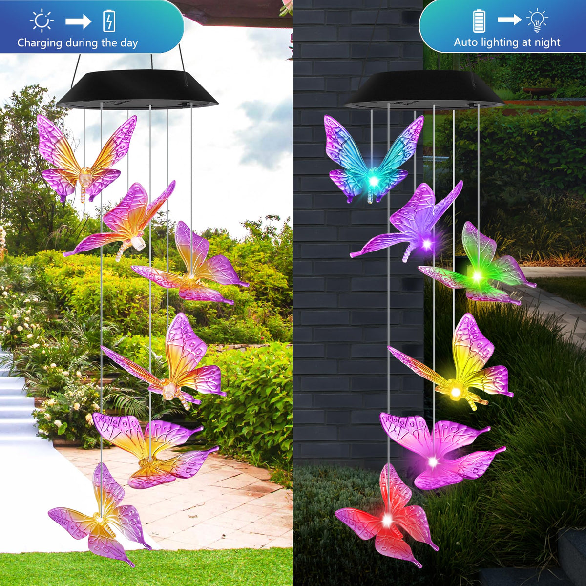 HiSolar color-changing butterfly lights cycling through seven colors outdoors