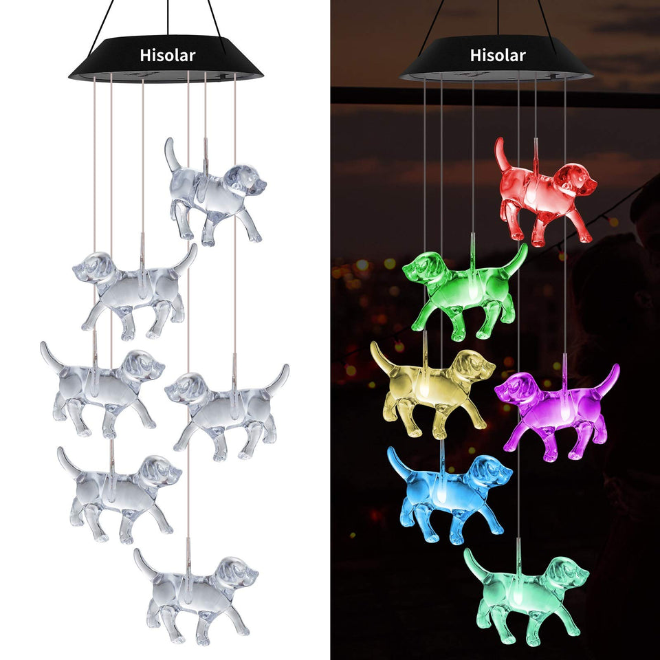 HiSolar Crystal Dog Solar Wind Chimes outdoor color-changing lights for garden ambiance.