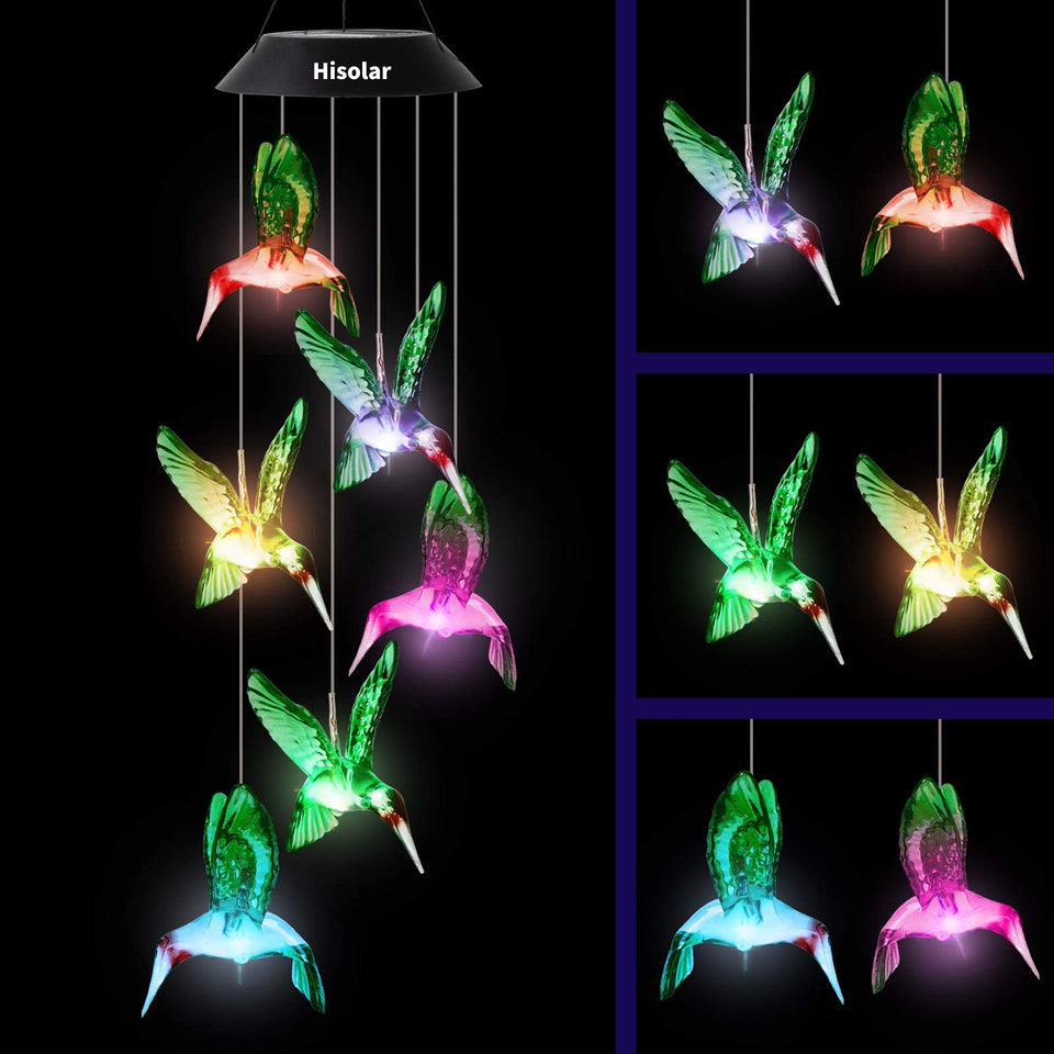 HiSolar hummingbird wind chimes display a full color cycle for garden ambience