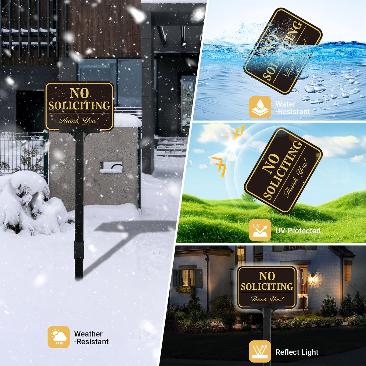 HISVISION No Soliciting Sign UV-protected finish resists fading.