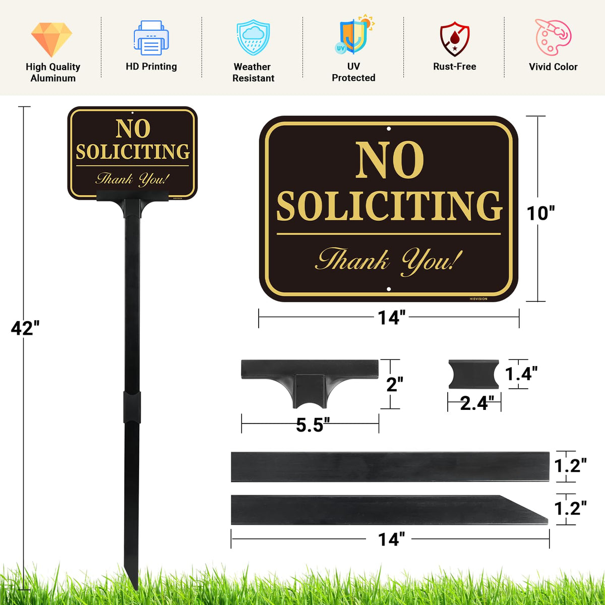 HISVISION No Soliciting Sign yard stake at 42-inch height.