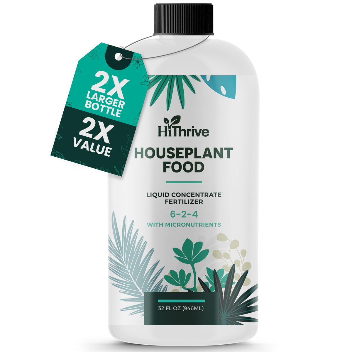 HiThrive 32oz houseplant fertilizer bottle pouring into water for healthy growth