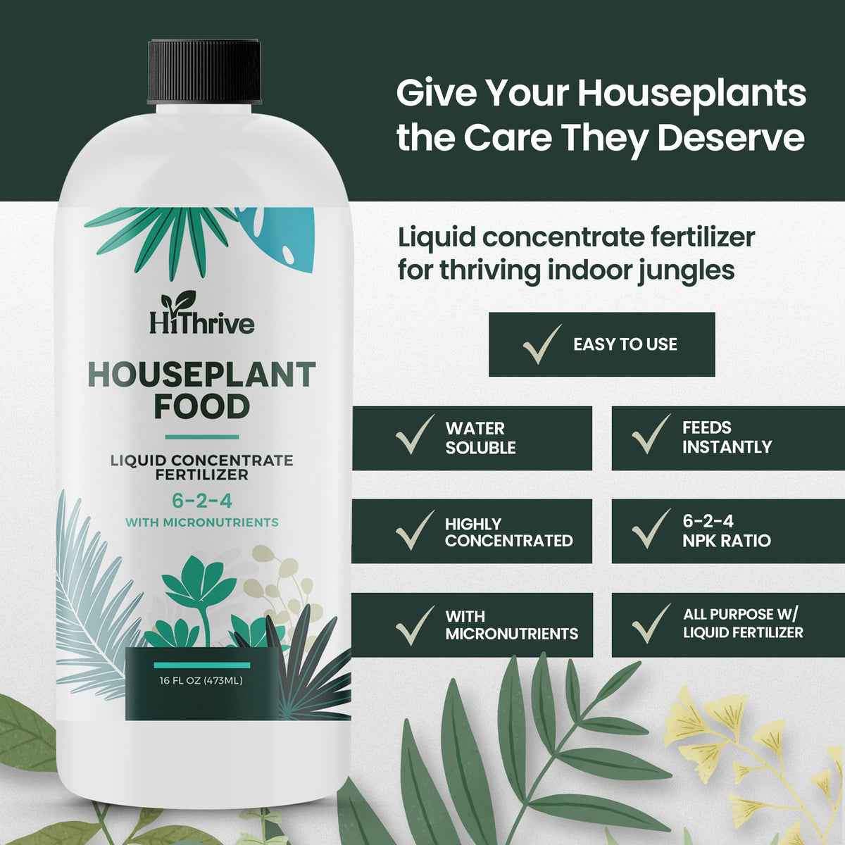 HiThrive liquid plant food pour shows quick uptake for vibrant foliage.