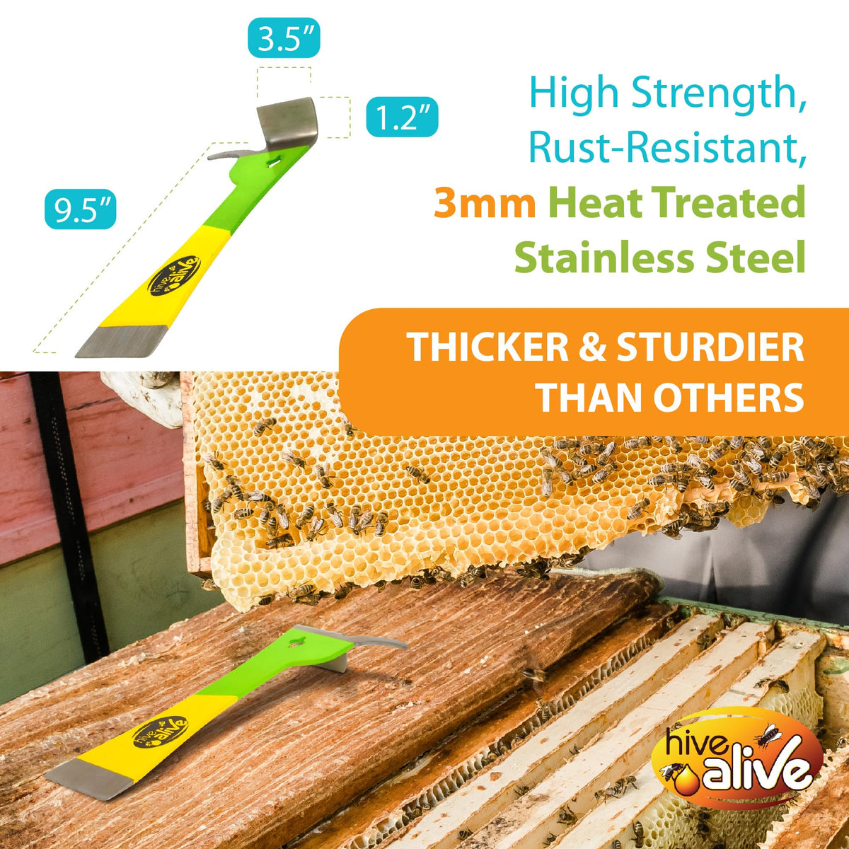 Hive Alive two-tone yellow and green for high visibility in vegetation.