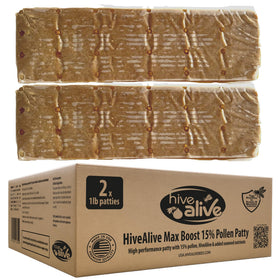 Hive Alive Pollen Patties on a brood frame for balanced colony nutrition and brood support.