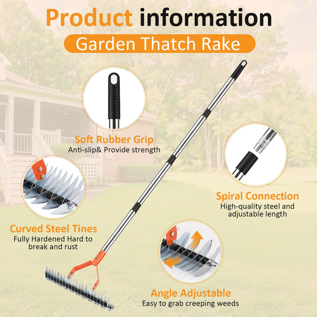 Hivenlly Thatch Rake adjustable handle for comfortable, customizable reach.