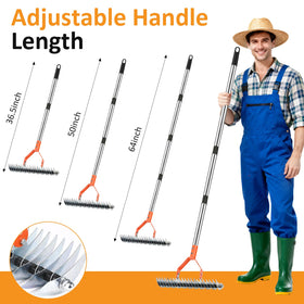 Hivenlly Thatch Rake dual‑sided tines for dethatching and soil loosening.