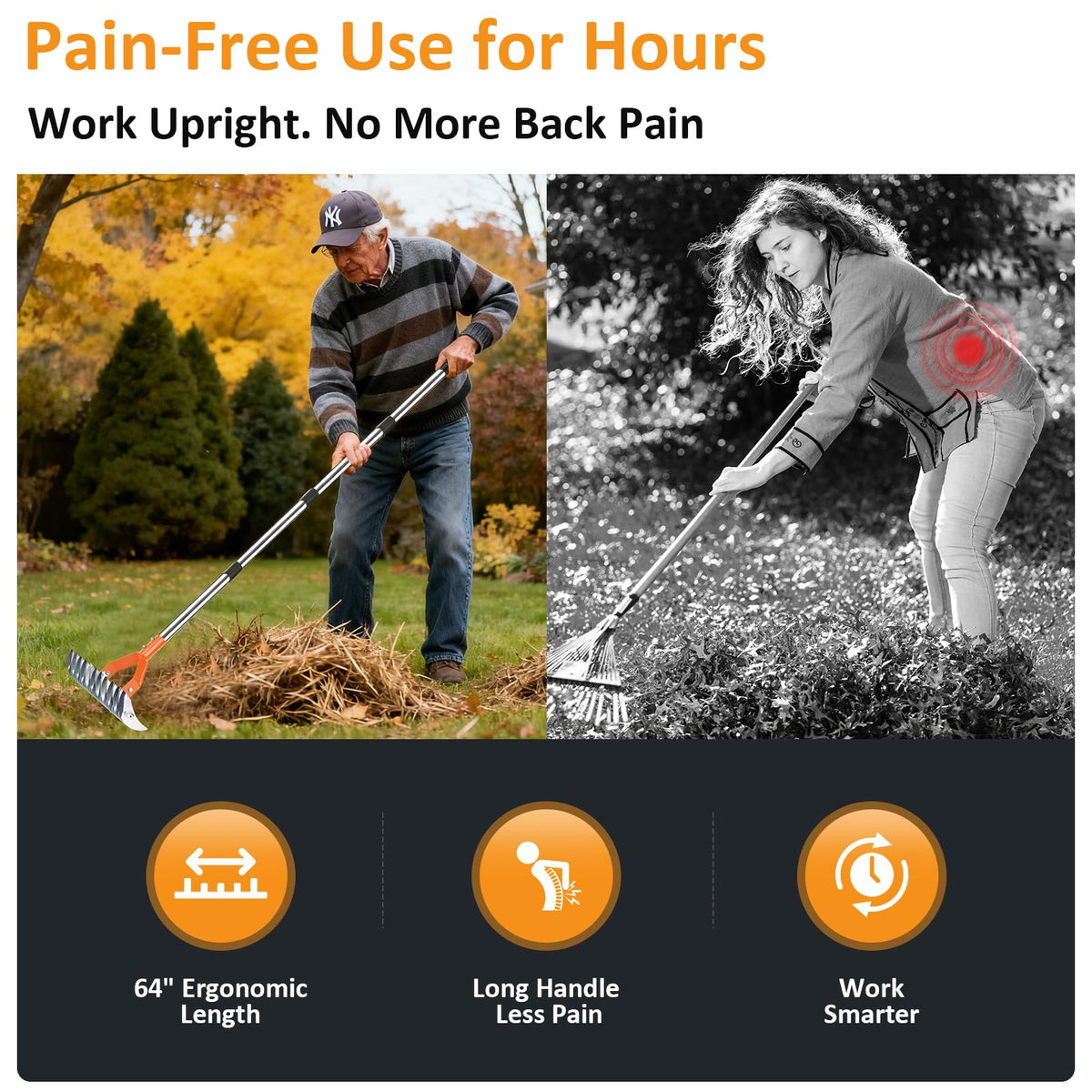 Hivenlly Thatch Rake three-length settings 36.5, 50, 64 inches for different users.