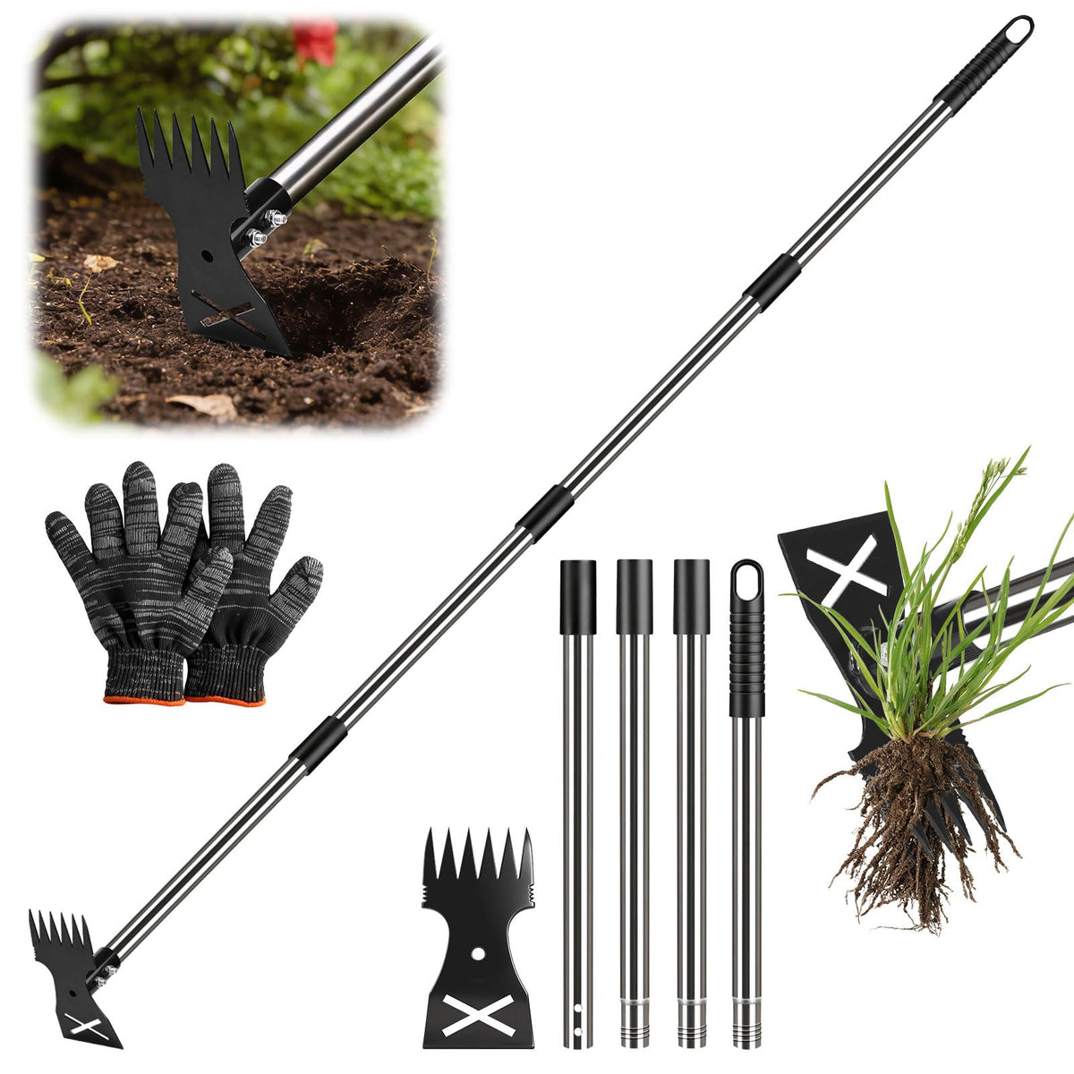 Hivenlly weed puller 2in1 head for versatile weeding and soil prep, easy to switch tasks