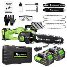 Hiyuehome power chainsaw 12inch cutting wood smoothly for pruning and firewood prep.