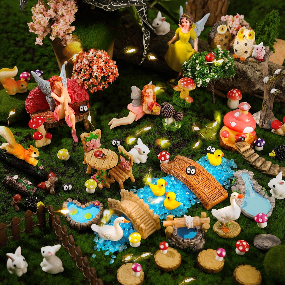 HIYZI 109 Pcs Fairy Garden Kit with miniature figures for DIY terrarium decor