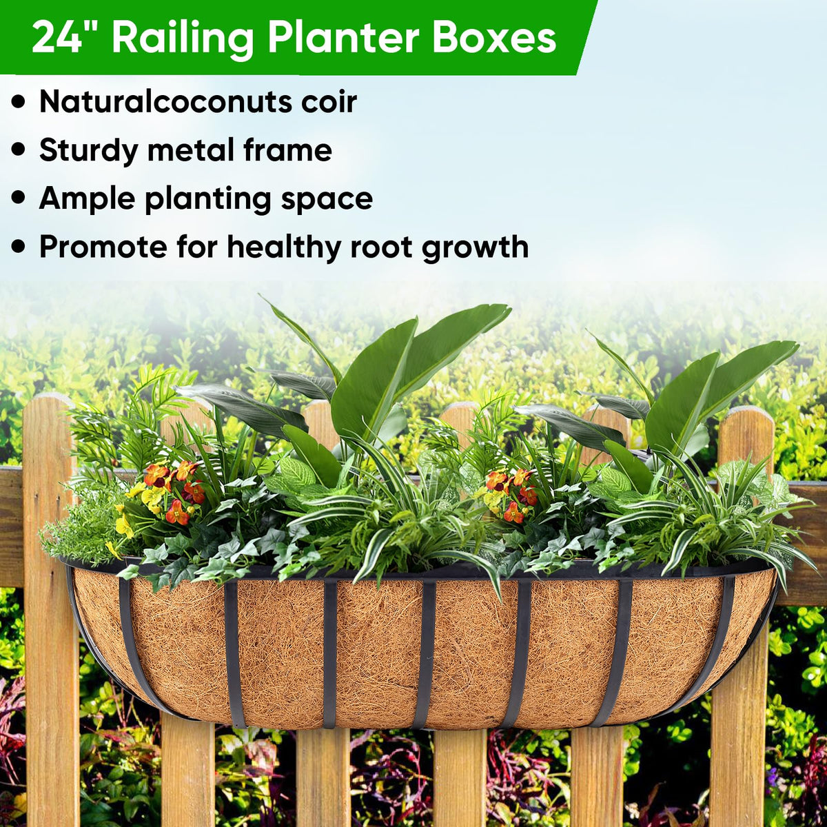HKZ deck balcony railing planter 24-inch box side view with arrangement.