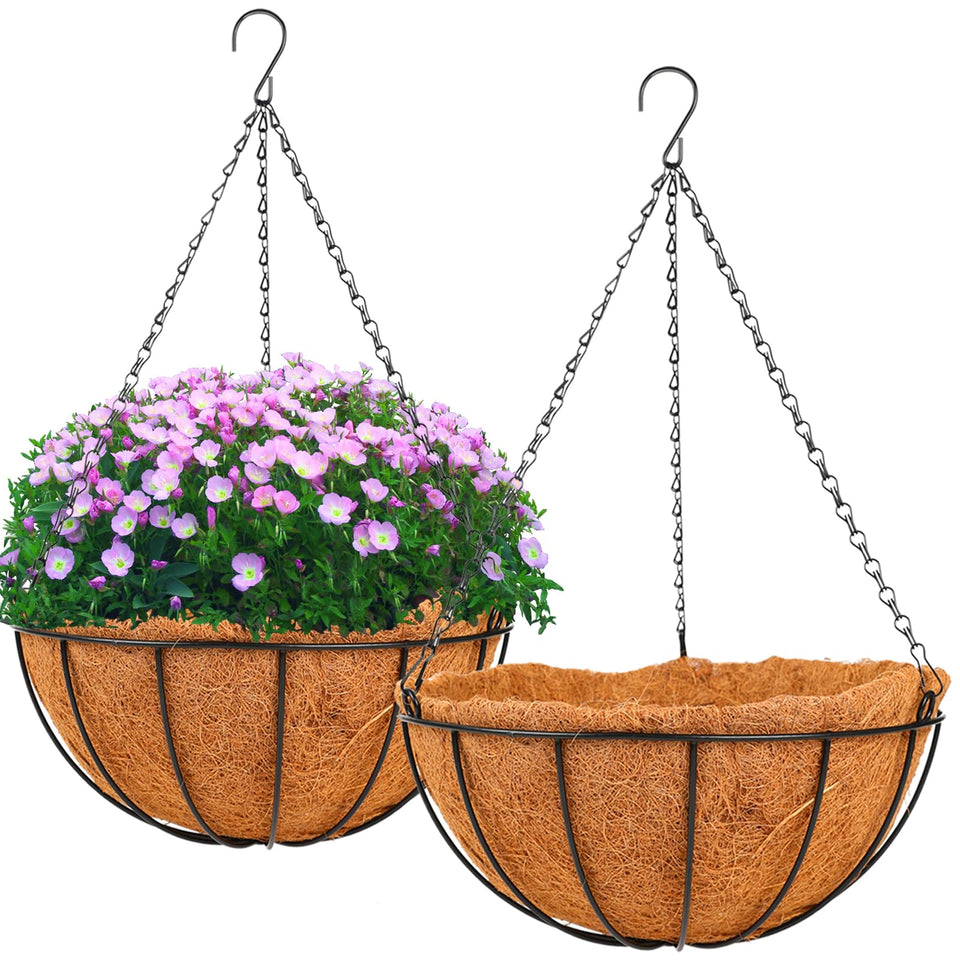 HKZ hanging basket planter with coco liner close-up showing air circulation for healthy growth.