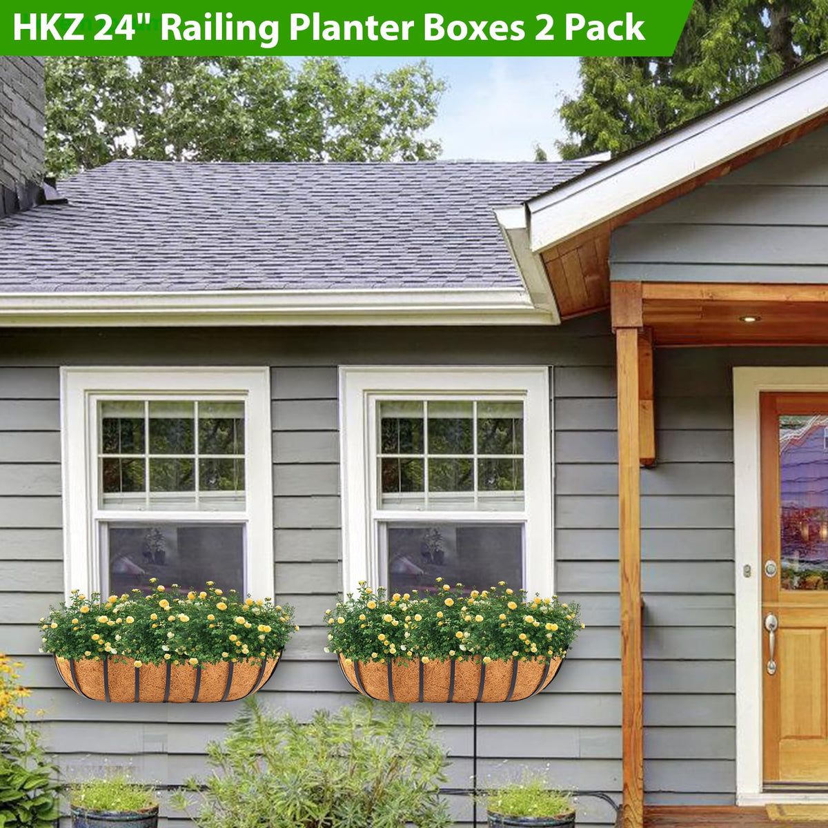 HKZ two-pack planters mounted on a railing along a fence or wall.