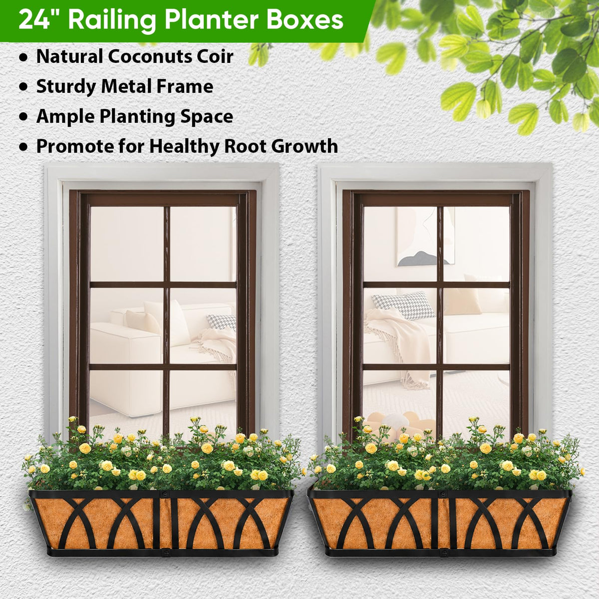 HKZ window boxes 24-inch with coco liner enhance soil health and moisture retention.