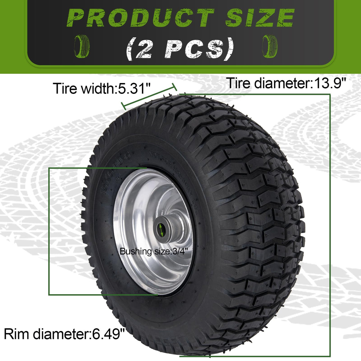 HLHgirl tire and wheel set included pre-assembled for simple replacement on mowers.