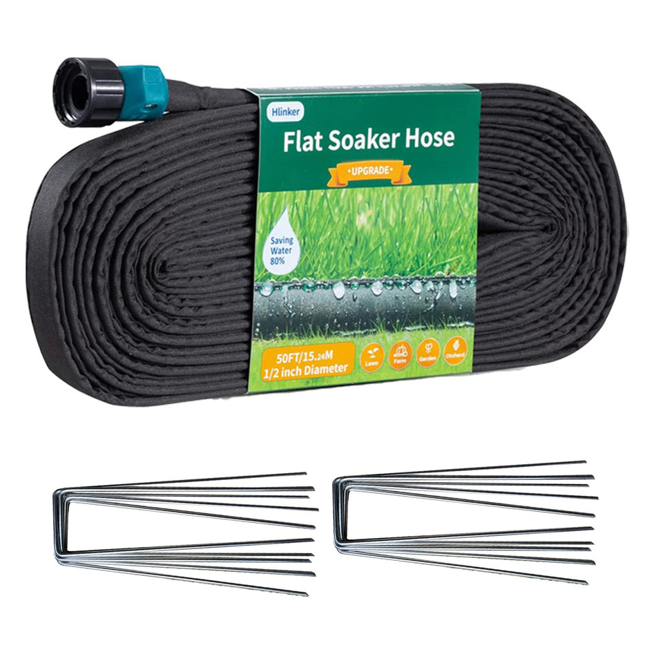 Hlinker 2025 flat soaker hose coiled for easy storage and even watering.