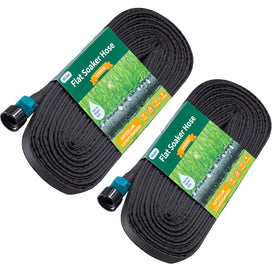 Hlinker flat soaker hose 100ft side view showing even watering for garden beds.