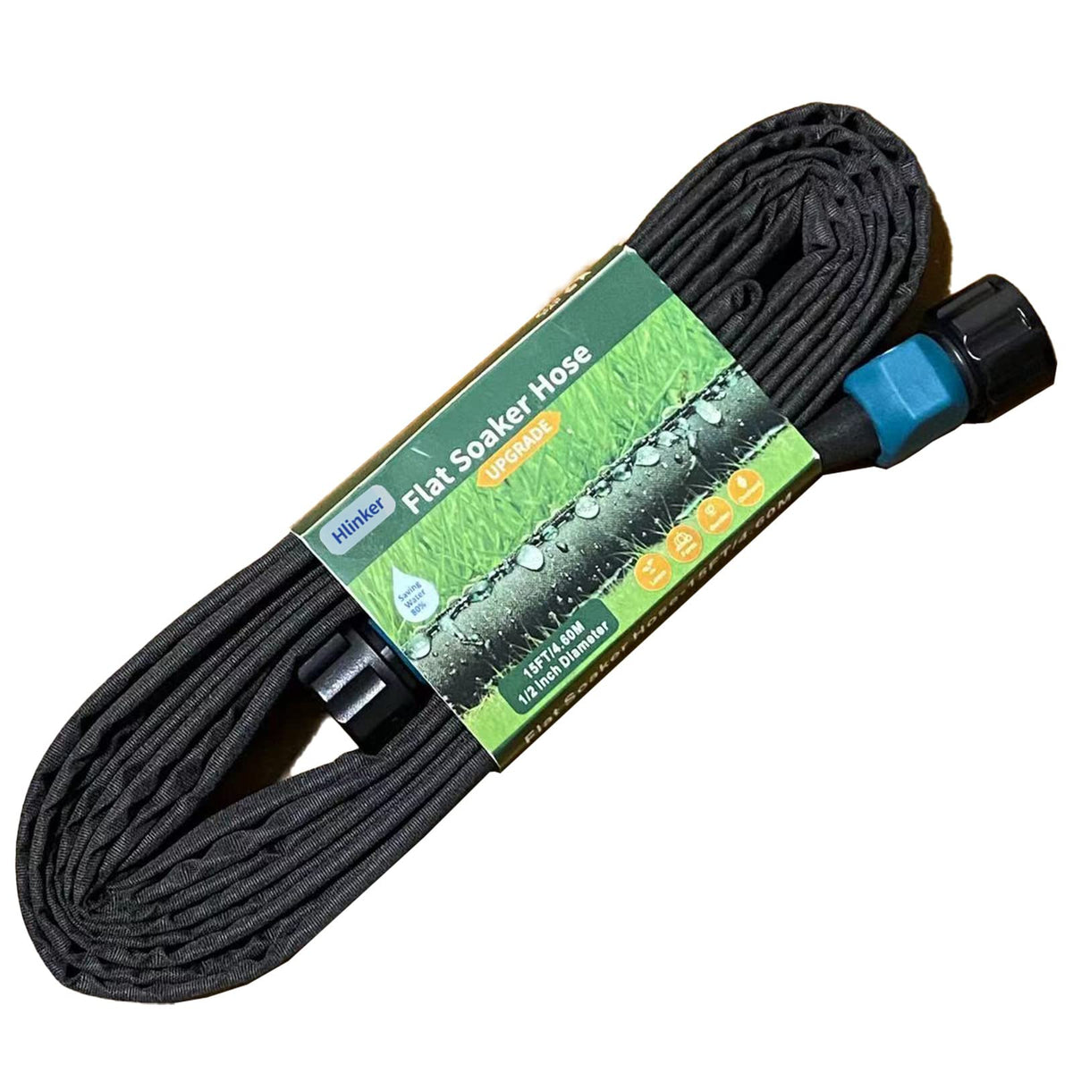 Hlinker flat soaker hose 15ft coil provides even watering for garden beds.