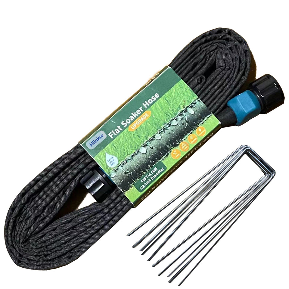 Hlinker flat soaker hose 15ft with stake setup for stable placement and efficient watering