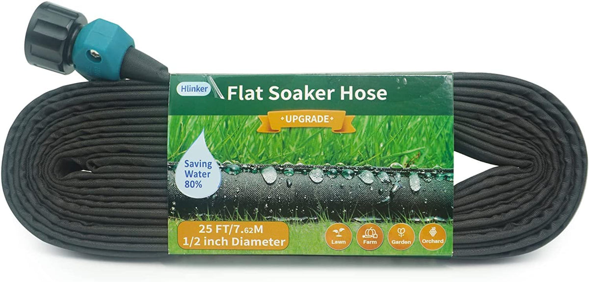 Hlinker flat soaker hose full view for efficient 25 ft garden bed watering.